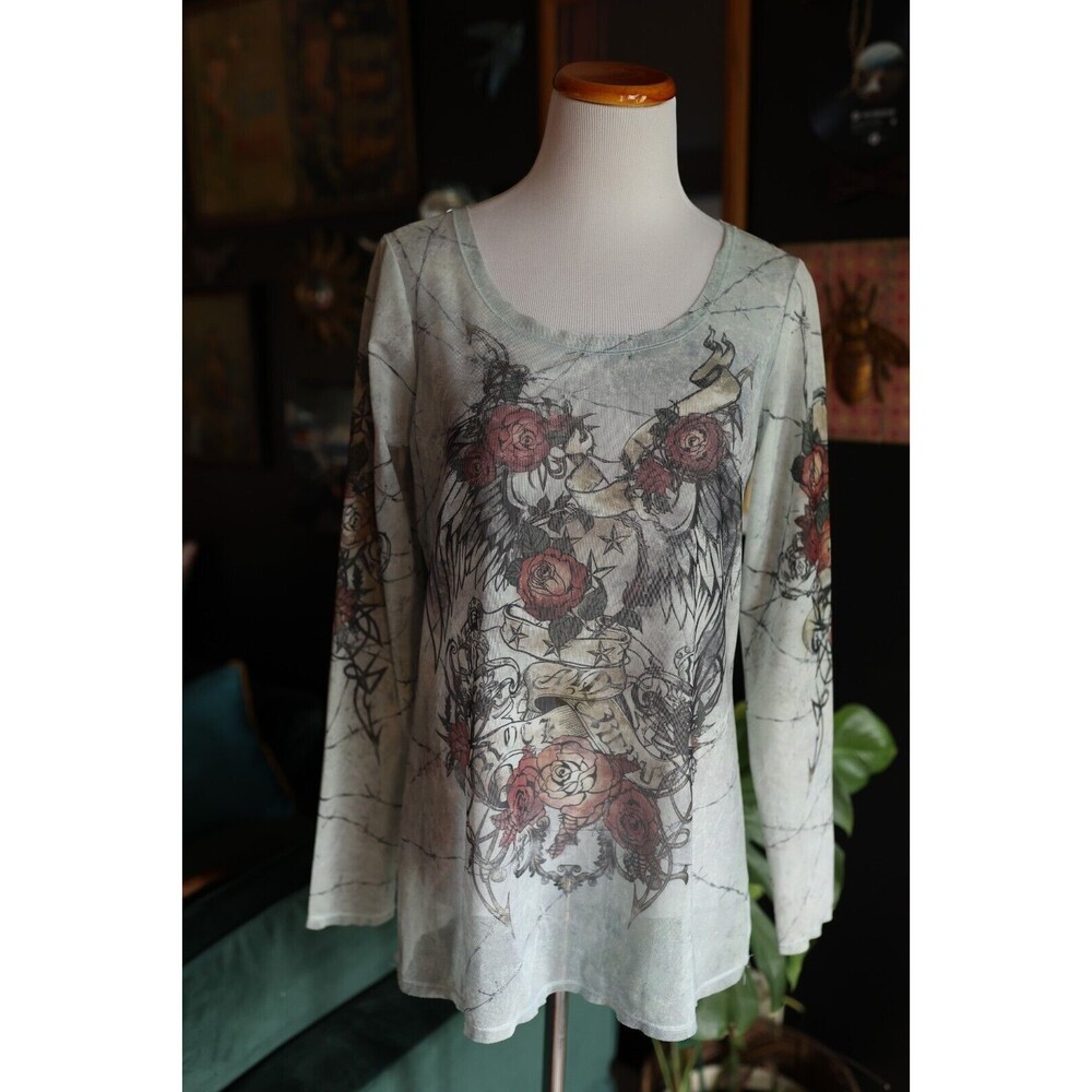 Rock & Republic Women's M Sheer Wings Tattoo Graphic Style Long Sleeve Top Y2K